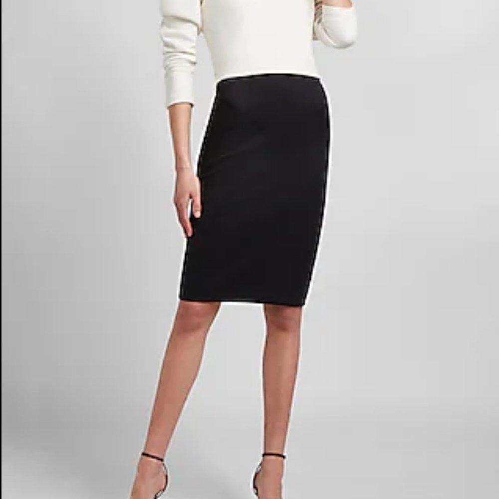 H&M Black Knit Stretch Pencil Skirt Gold Back Zipper and Kick Pleat